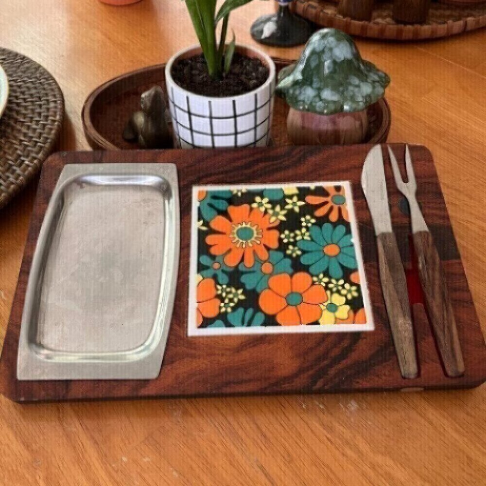 Vintage MCM Mushroom Cheese Board Charcuterie Appetizer Retro Funky